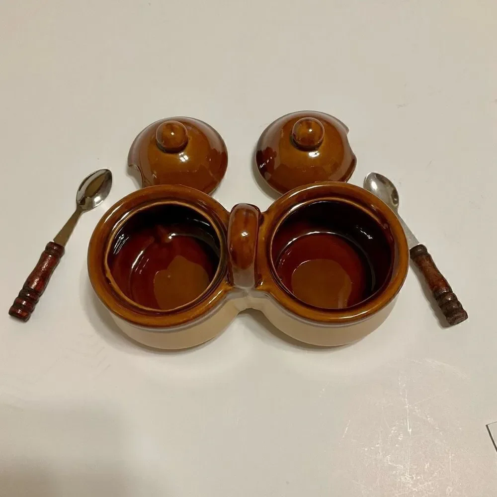 Vintage Double Condiment Jars with Lids and Spoons